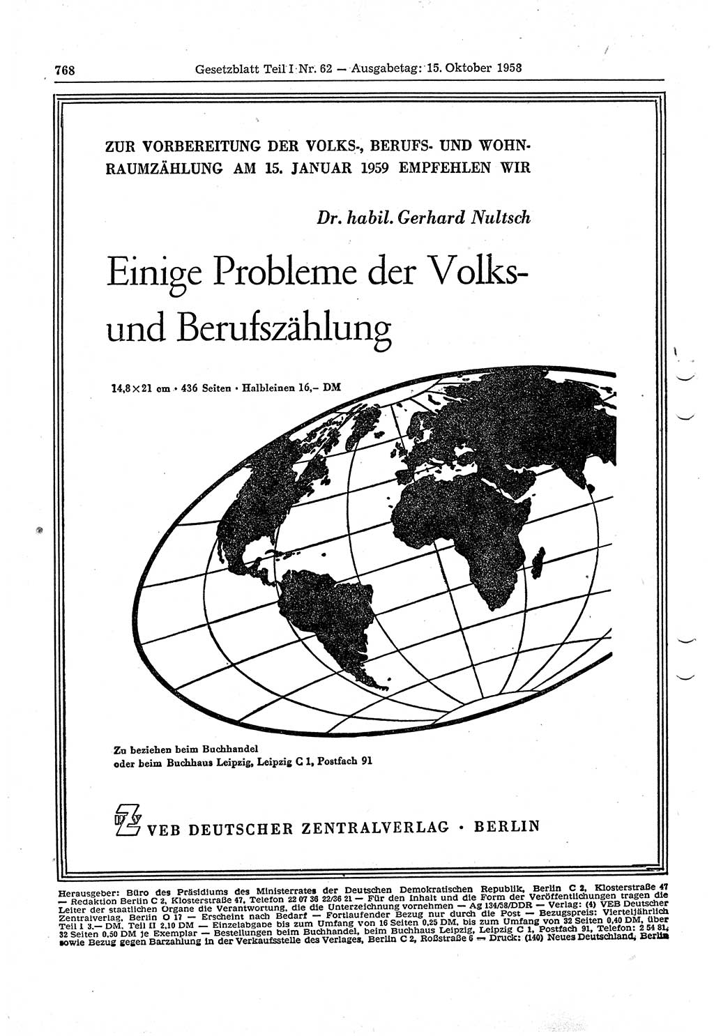 Gesetzblatt (GBl.) der Deutschen Demokratischen Republik (DDR) Teil Ⅰ 1958, Seite 768 (GBl. DDR Ⅰ 1958, S. 768)