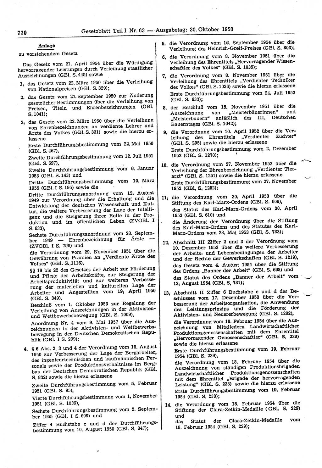 Gesetzblatt (GBl.) der Deutschen Demokratischen Republik (DDR) Teil Ⅰ 1958, Seite 770 (GBl. DDR Ⅰ 1958, S. 770)