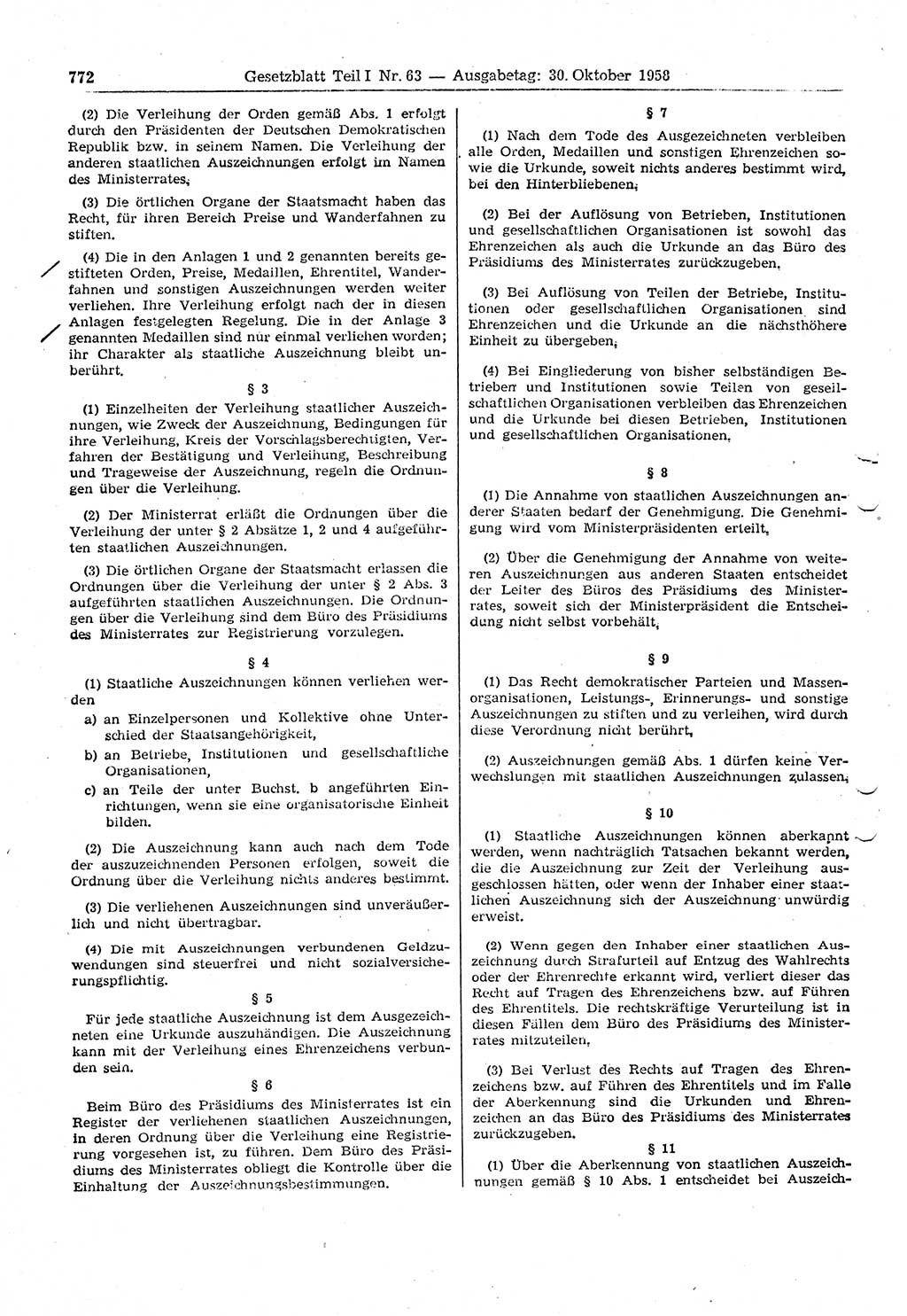 Gesetzblatt (GBl.) der Deutschen Demokratischen Republik (DDR) Teil Ⅰ 1958, Seite 772 (GBl. DDR Ⅰ 1958, S. 772)