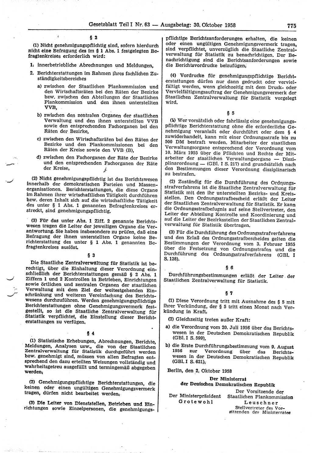 Gesetzblatt (GBl.) der Deutschen Demokratischen Republik (DDR) Teil Ⅰ 1958, Seite 775 (GBl. DDR Ⅰ 1958, S. 775)