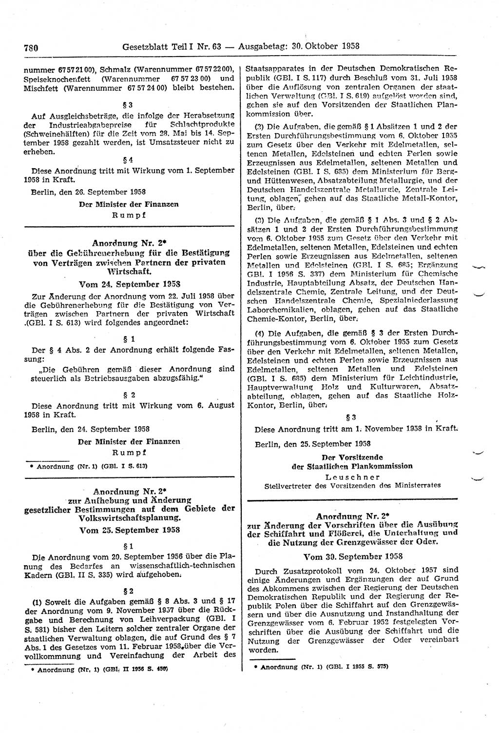 Gesetzblatt (GBl.) der Deutschen Demokratischen Republik (DDR) Teil Ⅰ 1958, Seite 780 (GBl. DDR Ⅰ 1958, S. 780)