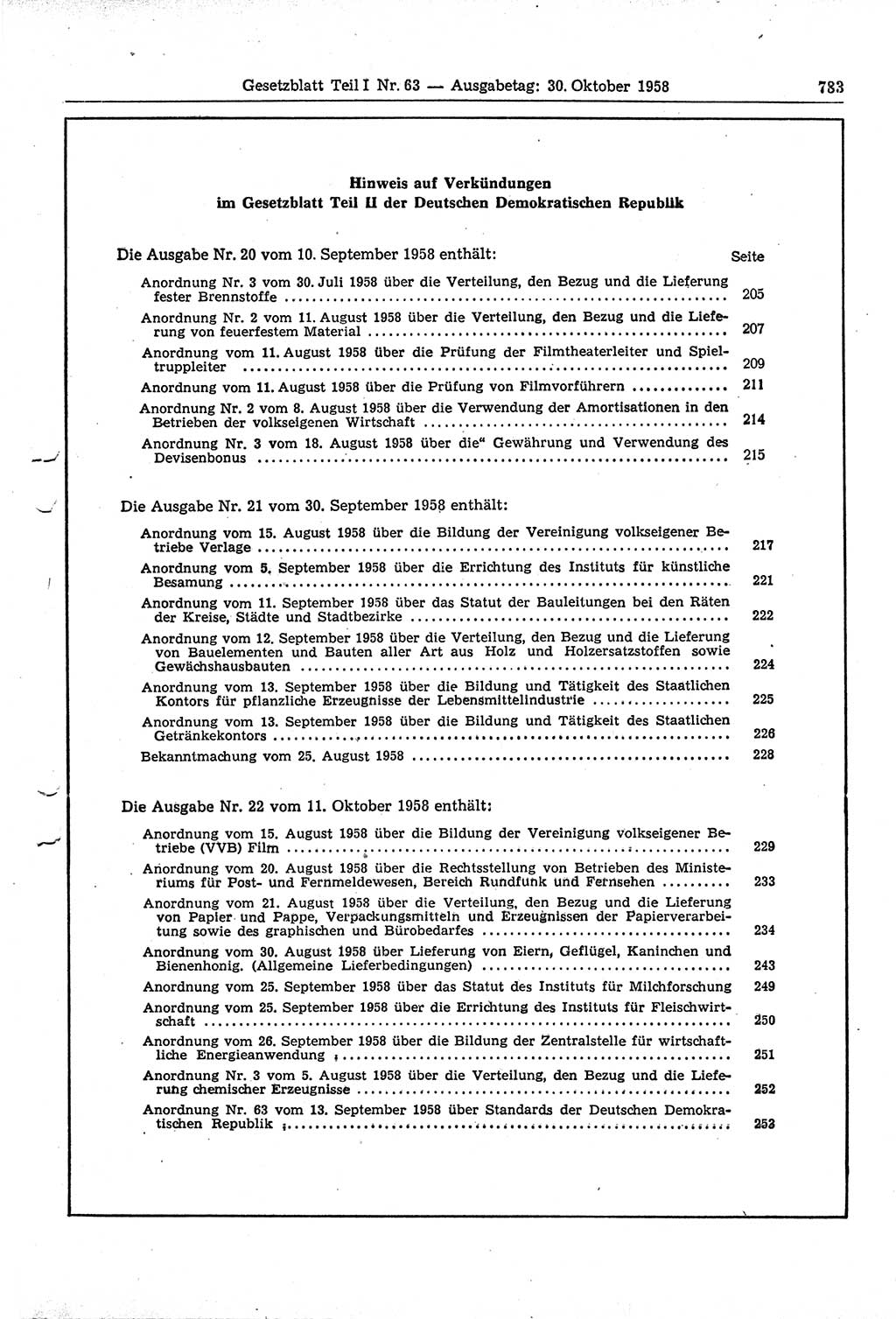 Gesetzblatt (GBl.) der Deutschen Demokratischen Republik (DDR) Teil Ⅰ 1958, Seite 783 (GBl. DDR Ⅰ 1958, S. 783)