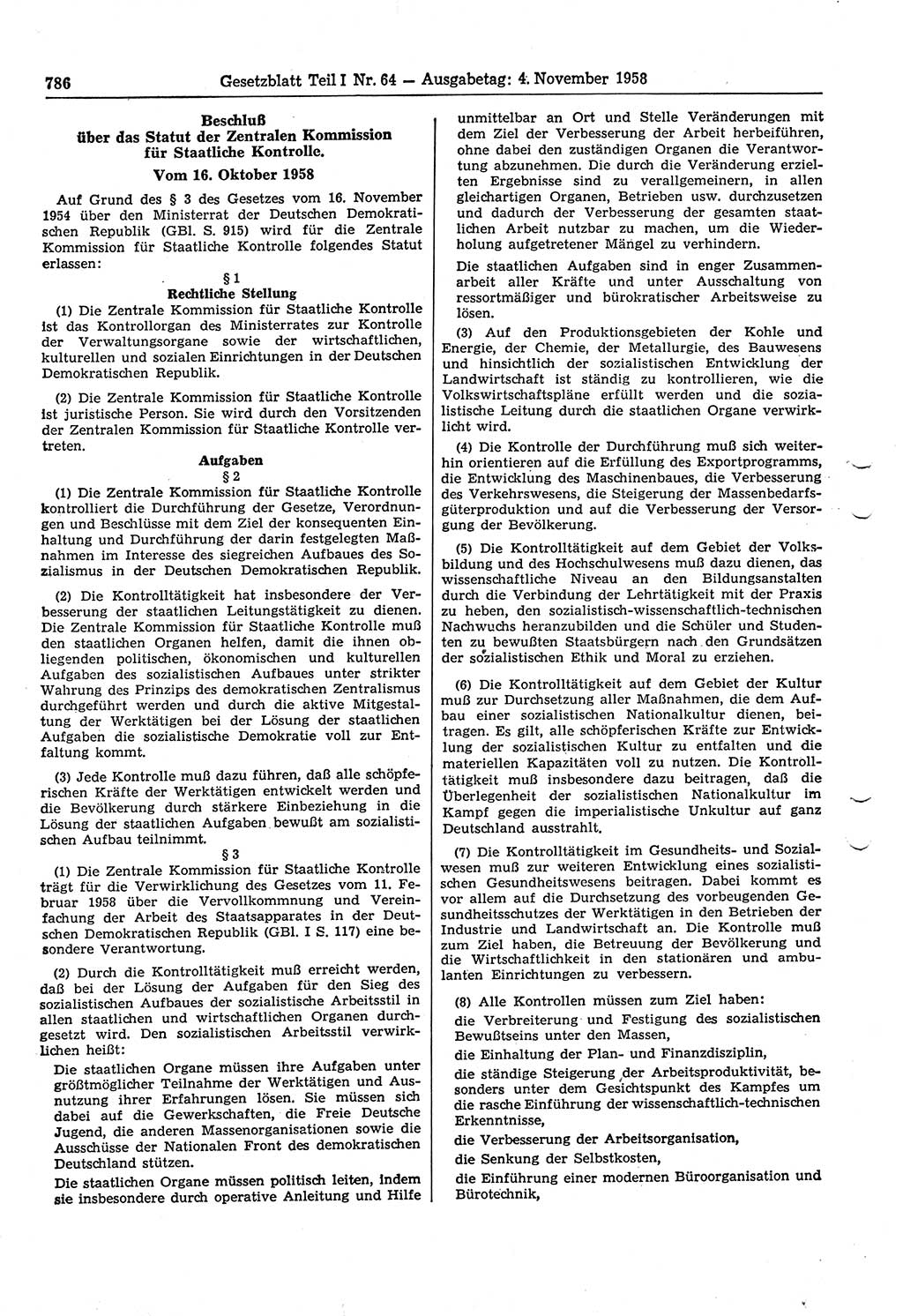 Gesetzblatt (GBl.) der Deutschen Demokratischen Republik (DDR) Teil Ⅰ 1958, Seite 786 (GBl. DDR Ⅰ 1958, S. 786)