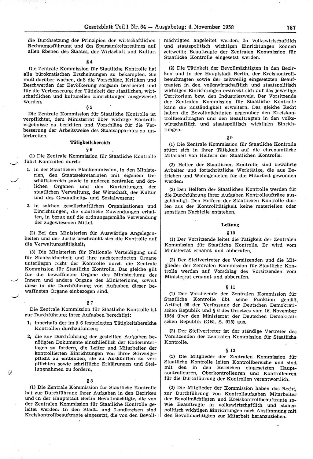 Gesetzblatt (GBl.) der Deutschen Demokratischen Republik (DDR) Teil Ⅰ 1958, Seite 787 (GBl. DDR Ⅰ 1958, S. 787)