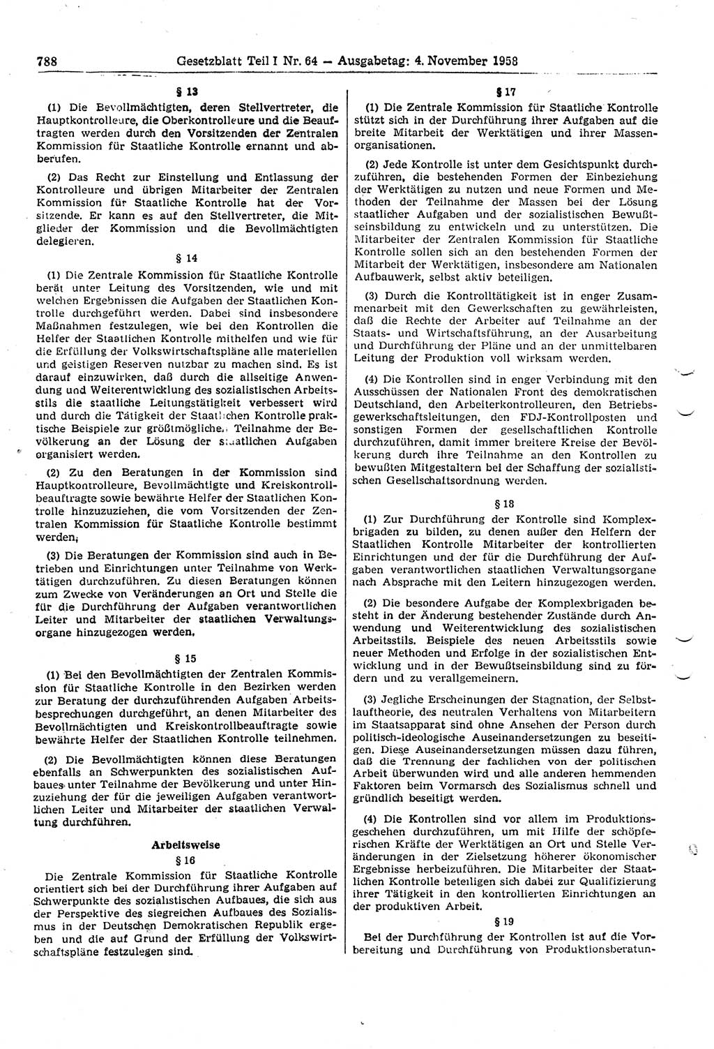 Gesetzblatt (GBl.) der Deutschen Demokratischen Republik (DDR) Teil Ⅰ 1958, Seite 788 (GBl. DDR Ⅰ 1958, S. 788)