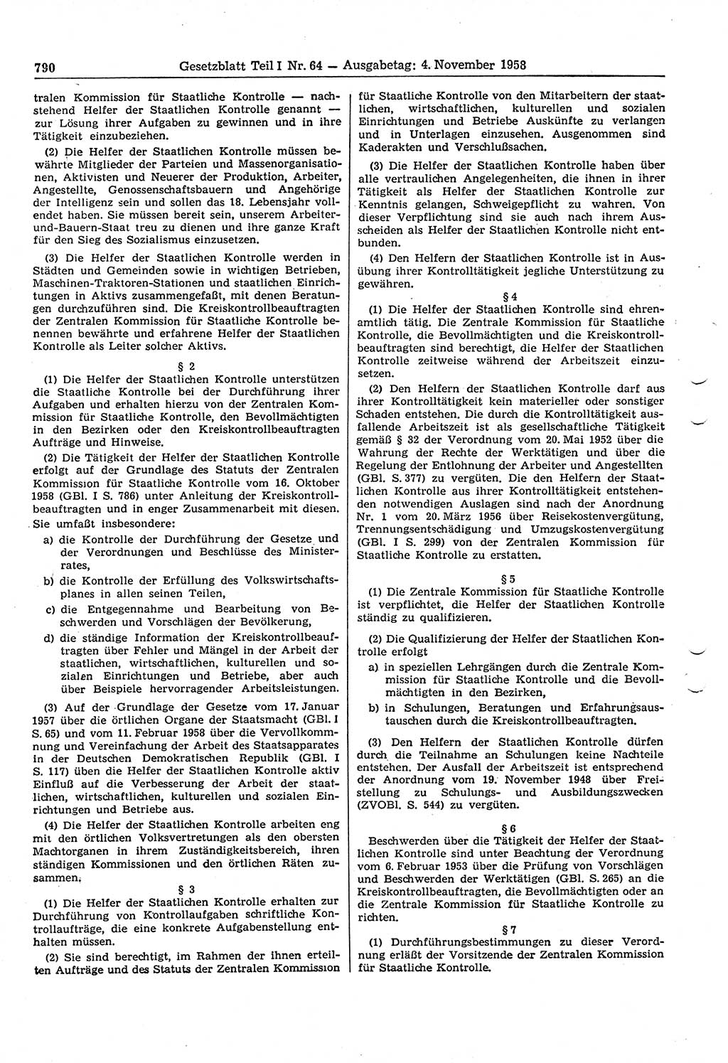Gesetzblatt (GBl.) der Deutschen Demokratischen Republik (DDR) Teil Ⅰ 1958, Seite 790 (GBl. DDR Ⅰ 1958, S. 790)