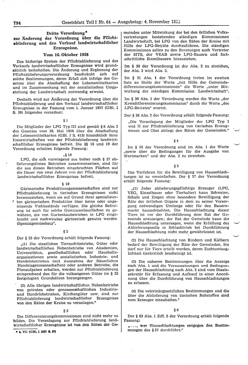 Gesetzblatt (GBl.) der Deutschen Demokratischen Republik (DDR) Teil Ⅰ 1958, Seite 794 (GBl. DDR Ⅰ 1958, S. 794)