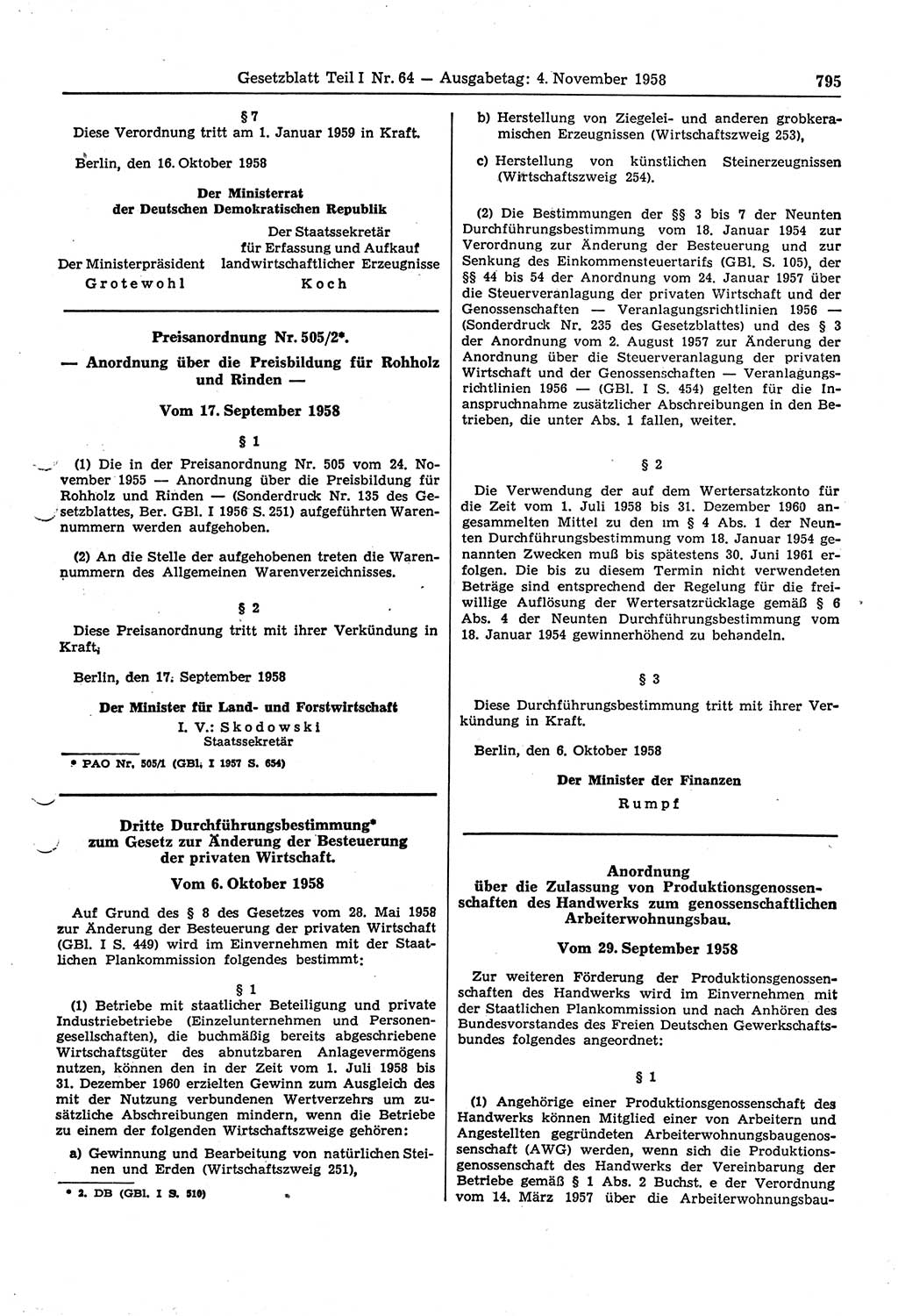 Gesetzblatt (GBl.) der Deutschen Demokratischen Republik (DDR) Teil Ⅰ 1958, Seite 795 (GBl. DDR Ⅰ 1958, S. 795)