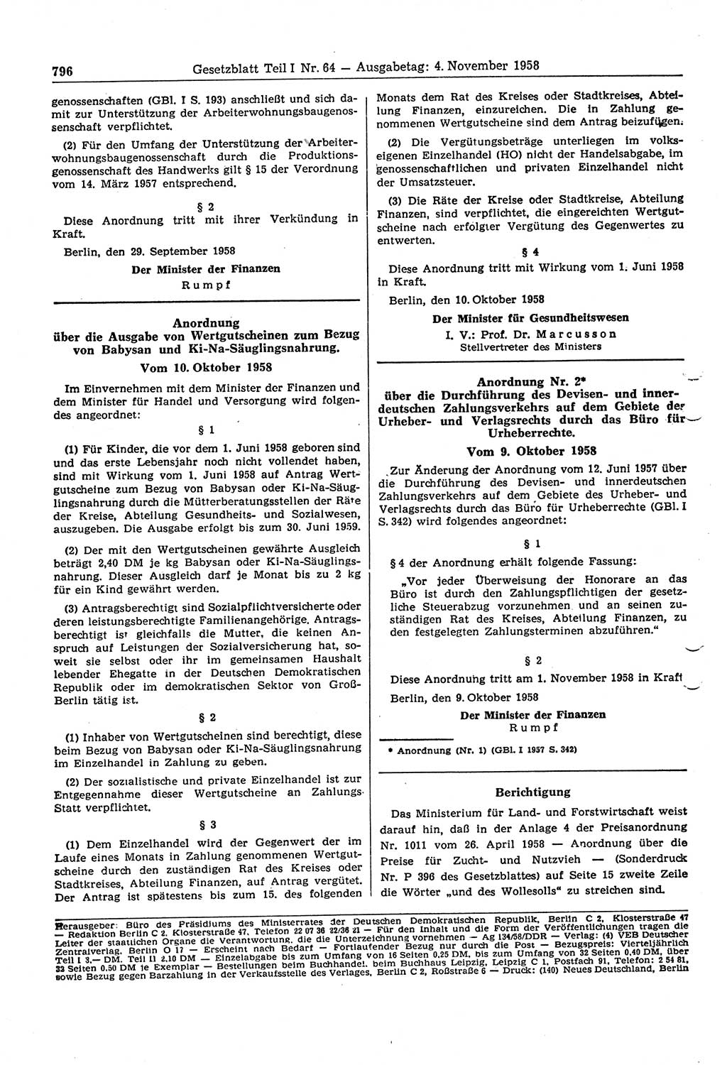 Gesetzblatt (GBl.) der Deutschen Demokratischen Republik (DDR) Teil Ⅰ 1958, Seite 796 (GBl. DDR Ⅰ 1958, S. 796)