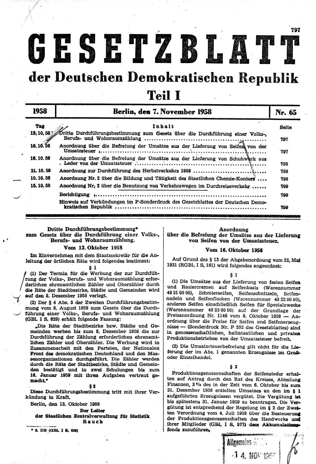 Gesetzblatt (GBl.) der Deutschen Demokratischen Republik (DDR) Teil Ⅰ 1958, Seite 797 (GBl. DDR Ⅰ 1958, S. 797)
