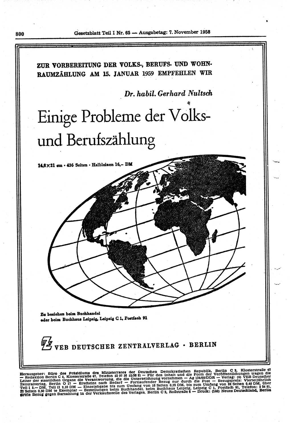 Gesetzblatt (GBl.) der Deutschen Demokratischen Republik (DDR) Teil Ⅰ 1958, Seite 800 (GBl. DDR Ⅰ 1958, S. 800)