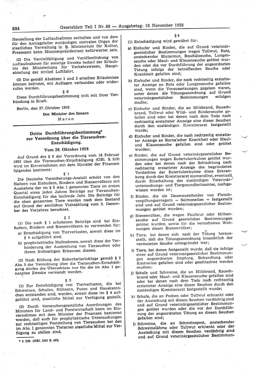 Gesetzblatt (GBl.) der Deutschen Demokratischen Republik (DDR) Teil Ⅰ 1958, Seite 804 (GBl. DDR Ⅰ 1958, S. 804)