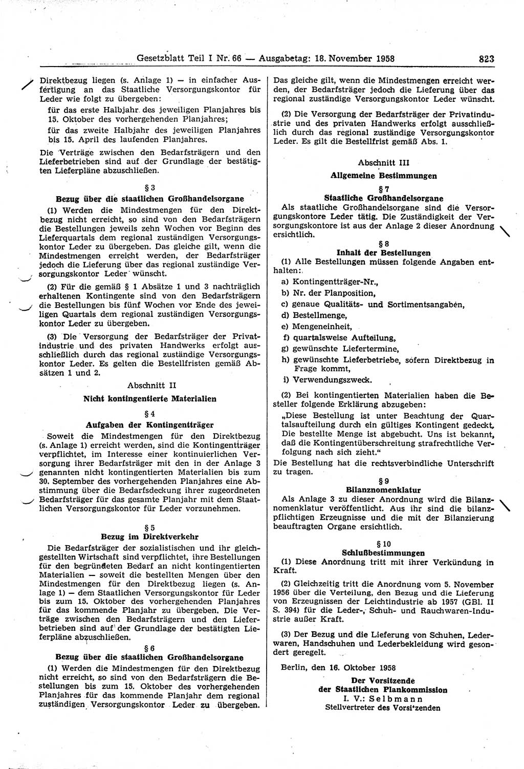 Gesetzblatt (GBl.) der Deutschen Demokratischen Republik (DDR) Teil Ⅰ 1958, Seite 823 (GBl. DDR Ⅰ 1958, S. 823)