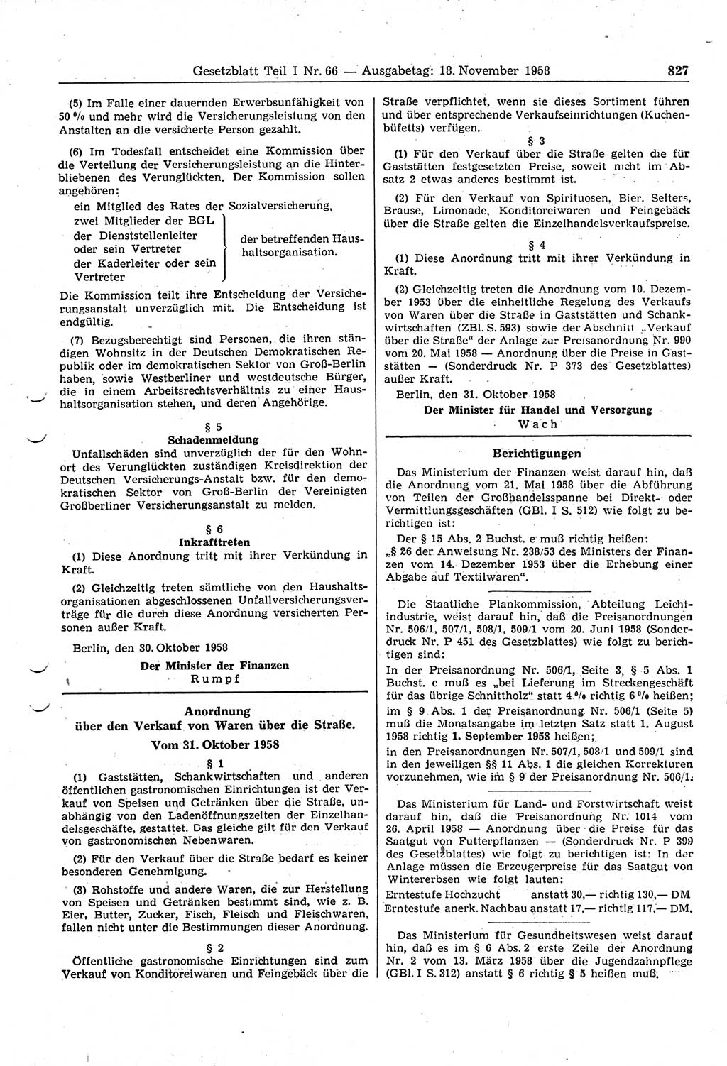 Gesetzblatt (GBl.) der Deutschen Demokratischen Republik (DDR) Teil Ⅰ 1958, Seite 827 (GBl. DDR Ⅰ 1958, S. 827)