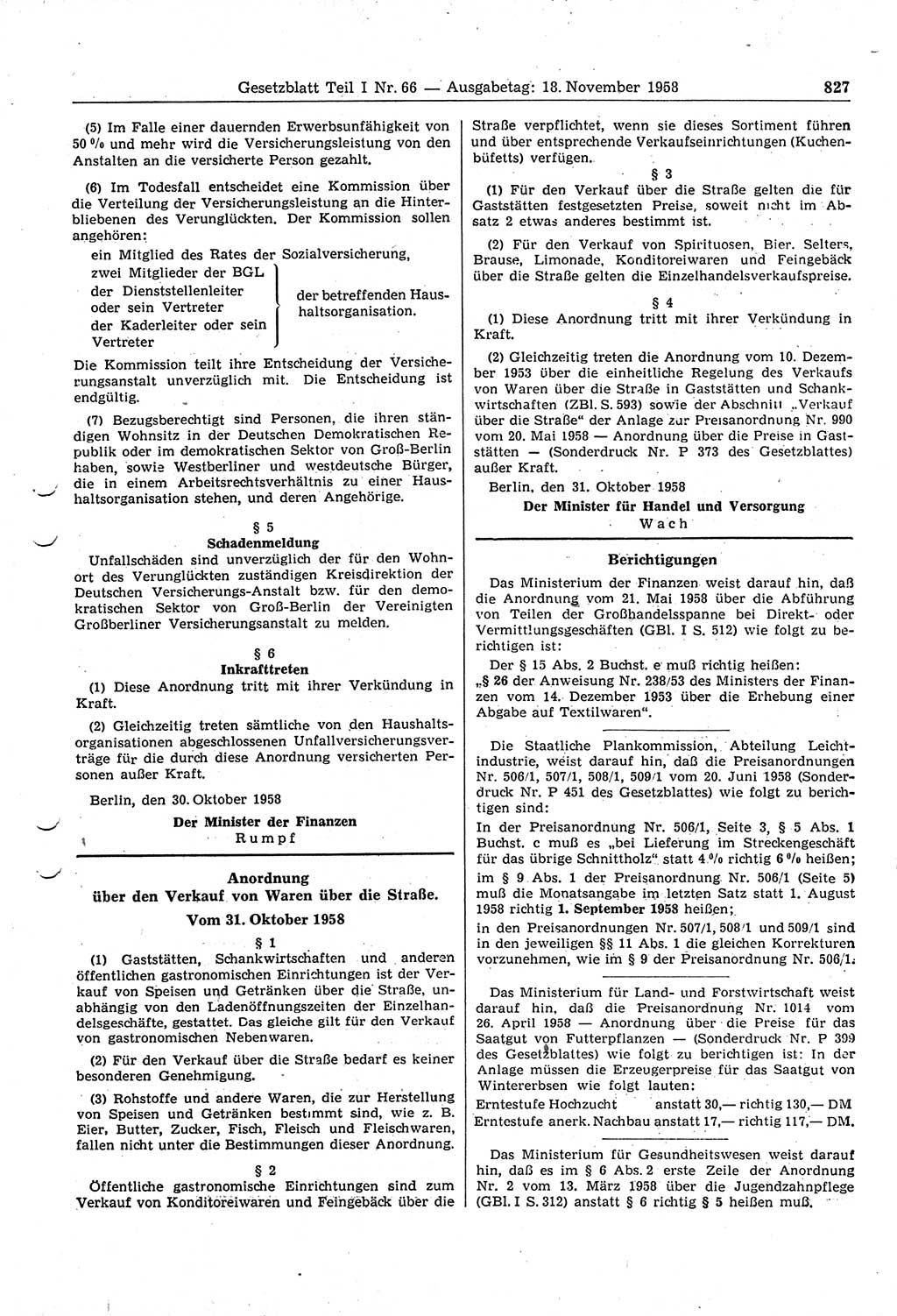 Gesetzblatt (GBl.) der Deutschen Demokratischen Republik (DDR) Teil Ⅰ 1958, Seite 827 (GBl. DDR Ⅰ 1958, S. 827)