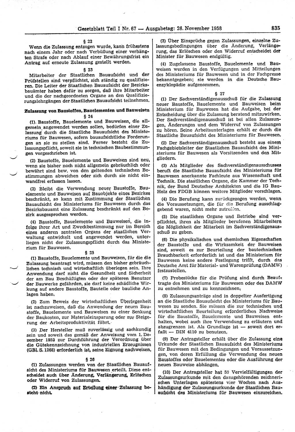 Gesetzblatt (GBl.) der Deutschen Demokratischen Republik (DDR) Teil Ⅰ 1958, Seite 835 (GBl. DDR Ⅰ 1958, S. 835)