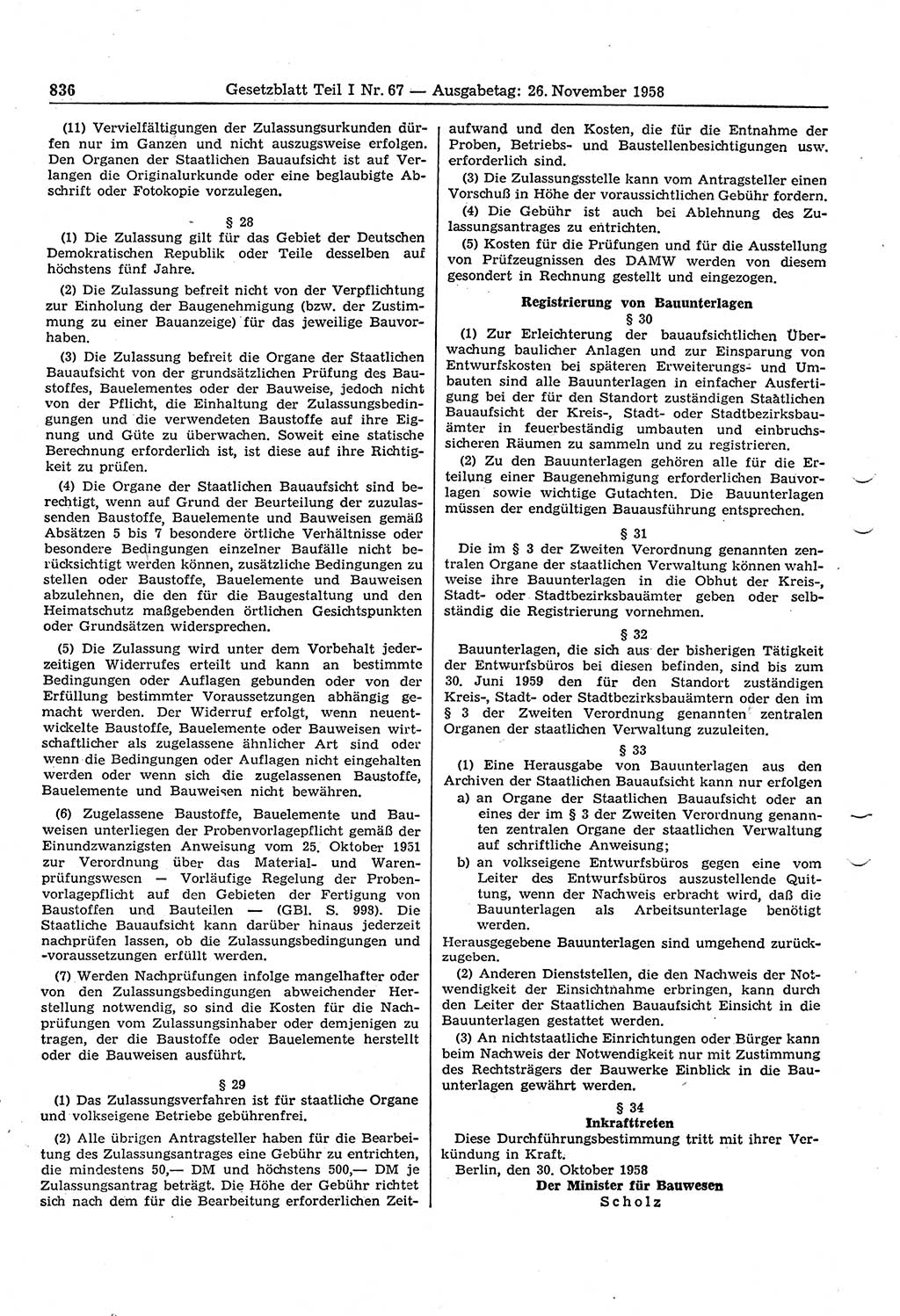 Gesetzblatt (GBl.) der Deutschen Demokratischen Republik (DDR) Teil Ⅰ 1958, Seite 836 (GBl. DDR Ⅰ 1958, S. 836)