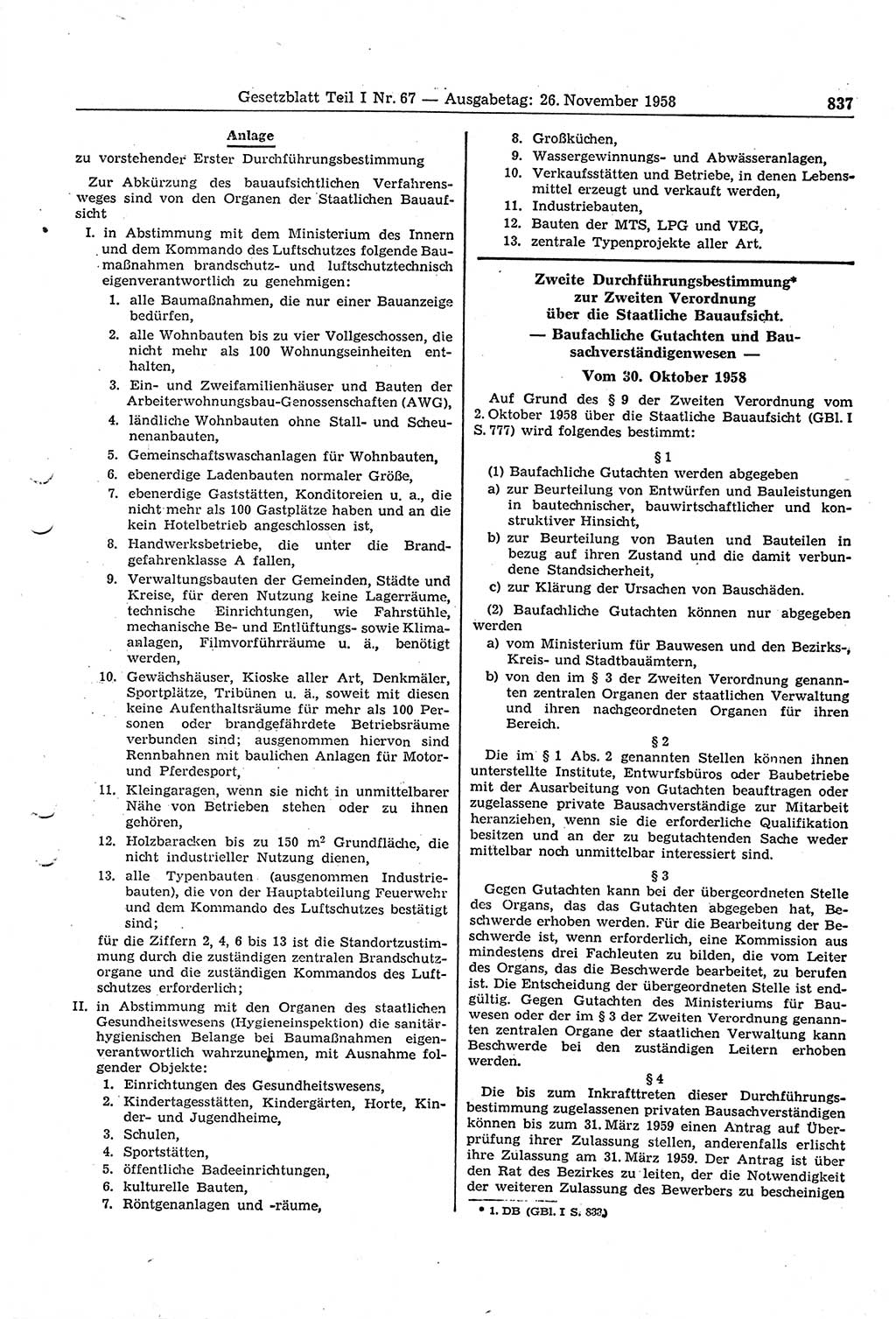 Gesetzblatt (GBl.) der Deutschen Demokratischen Republik (DDR) Teil Ⅰ 1958, Seite 837 (GBl. DDR Ⅰ 1958, S. 837)