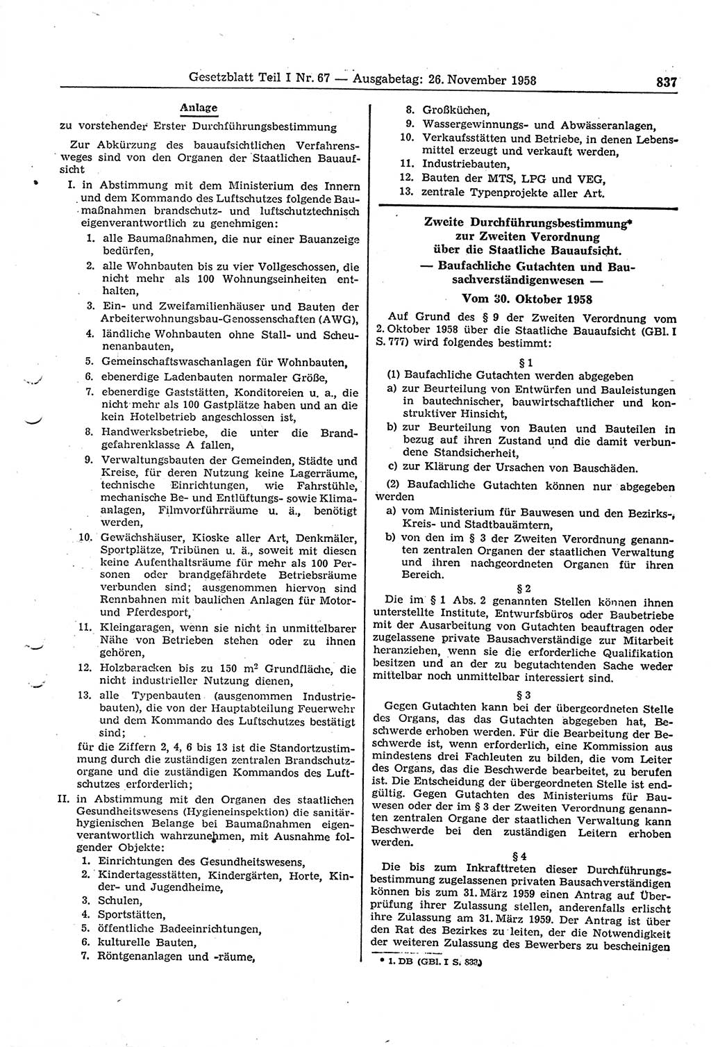Gesetzblatt (GBl.) der Deutschen Demokratischen Republik (DDR) Teil Ⅰ 1958, Seite 837 (GBl. DDR Ⅰ 1958, S. 837)
