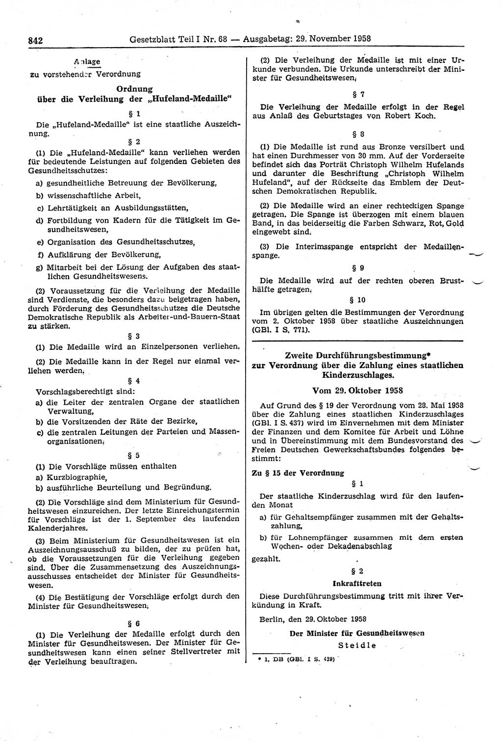 Gesetzblatt (GBl.) der Deutschen Demokratischen Republik (DDR) Teil Ⅰ 1958, Seite 842 (GBl. DDR Ⅰ 1958, S. 842)