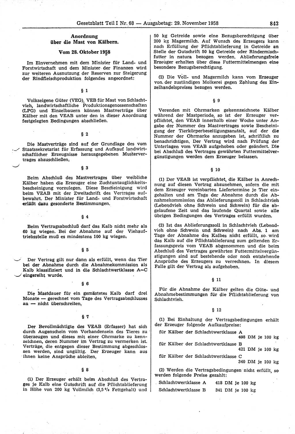 Gesetzblatt (GBl.) der Deutschen Demokratischen Republik (DDR) Teil Ⅰ 1958, Seite 843 (GBl. DDR Ⅰ 1958, S. 843)