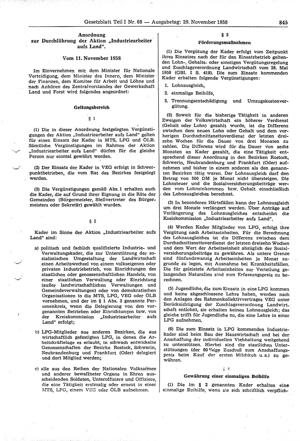 Gesetzblatt (GBl.) der Deutschen Demokratischen Republik (DDR) Teil Ⅰ 1958, Seite 845 (GBl. DDR Ⅰ 1958, S. 845)