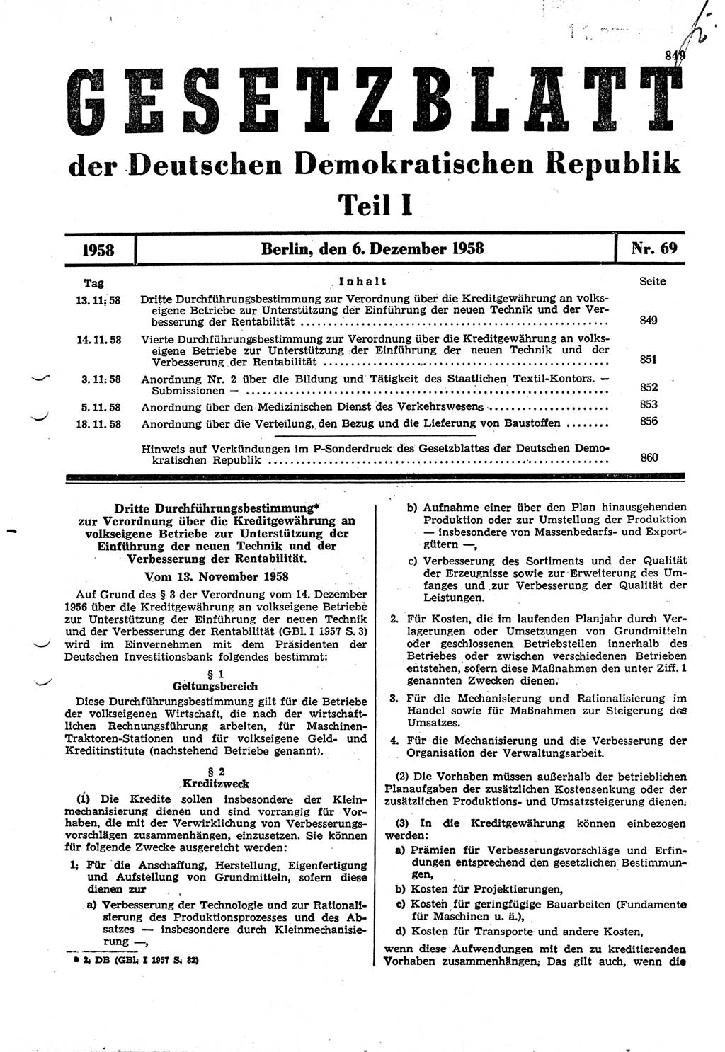 Gesetzblatt (GBl.) der Deutschen Demokratischen Republik (DDR) Teil Ⅰ 1958, Seite 849 (GBl. DDR Ⅰ 1958, S. 849)