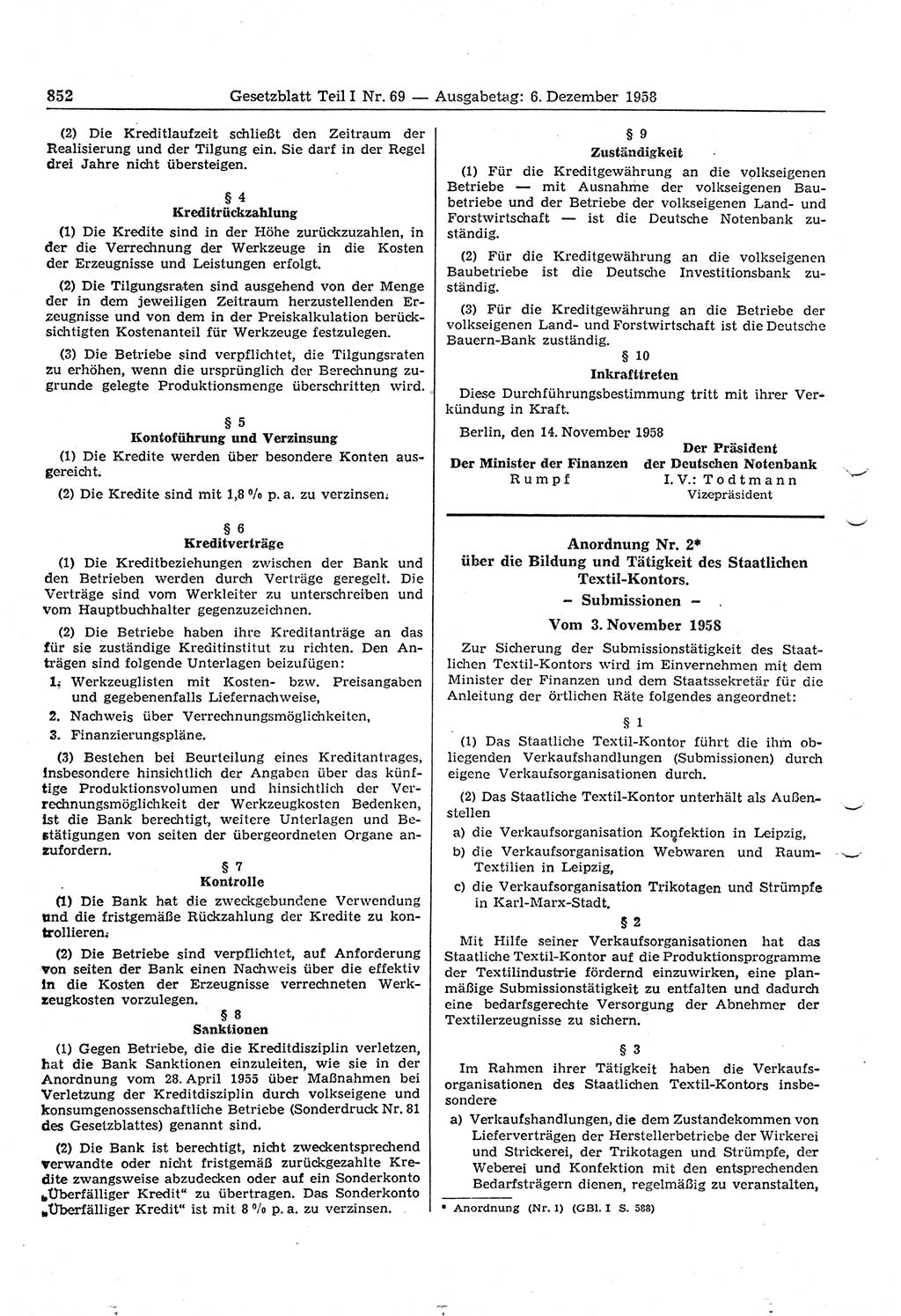 Gesetzblatt (GBl.) der Deutschen Demokratischen Republik (DDR) Teil Ⅰ 1958, Seite 852 (GBl. DDR Ⅰ 1958, S. 852)