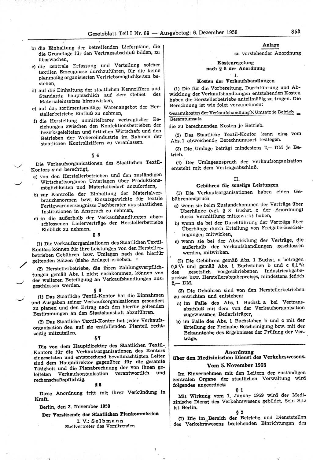 Gesetzblatt (GBl.) der Deutschen Demokratischen Republik (DDR) Teil Ⅰ 1958, Seite 853 (GBl. DDR Ⅰ 1958, S. 853)
