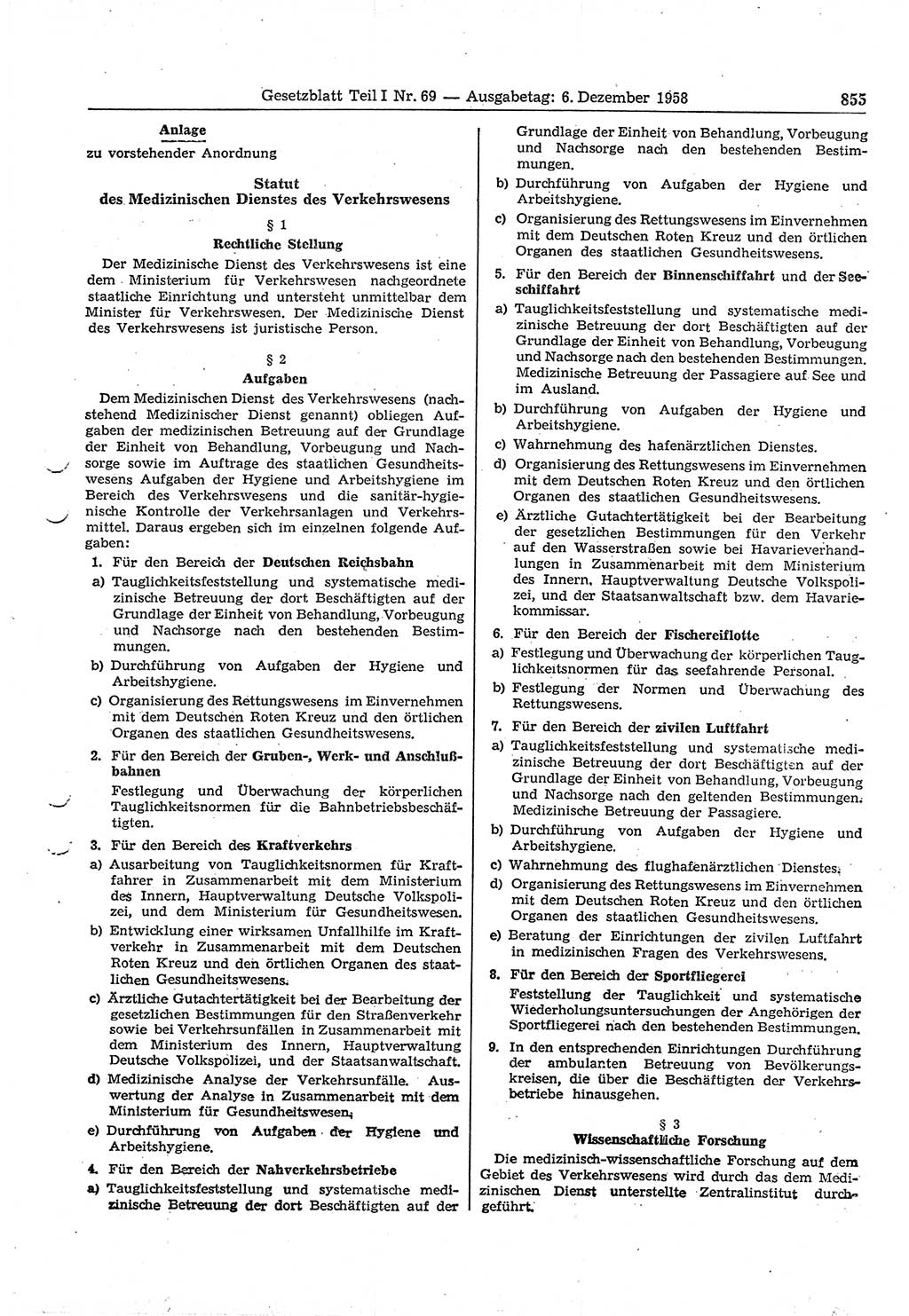 Gesetzblatt (GBl.) der Deutschen Demokratischen Republik (DDR) Teil Ⅰ 1958, Seite 855 (GBl. DDR Ⅰ 1958, S. 855)