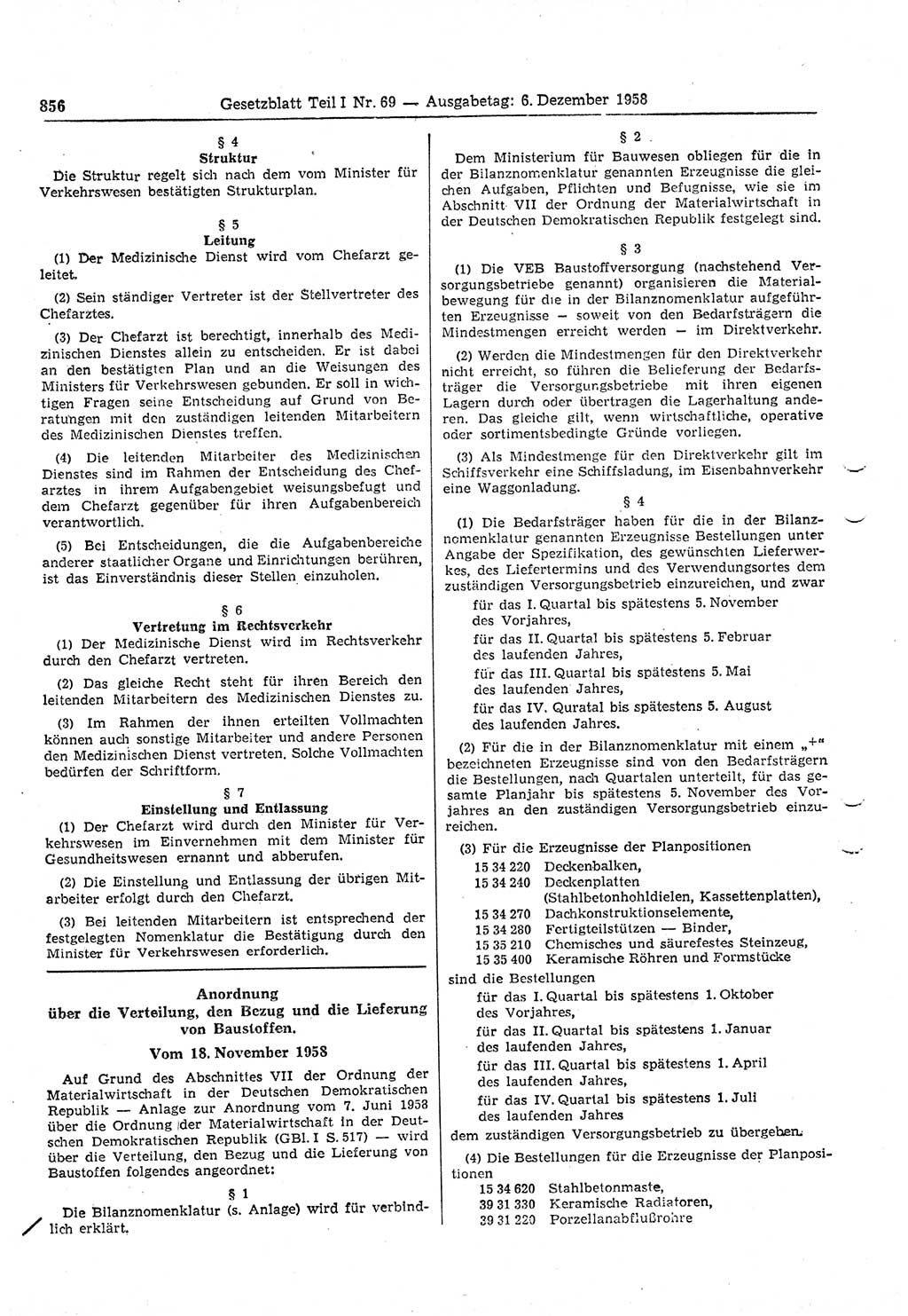 Gesetzblatt (GBl.) der Deutschen Demokratischen Republik (DDR) Teil Ⅰ 1958, Seite 856 (GBl. DDR Ⅰ 1958, S. 856)