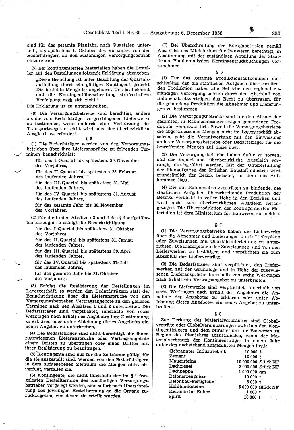 Gesetzblatt (GBl.) der Deutschen Demokratischen Republik (DDR) Teil Ⅰ 1958, Seite 857 (GBl. DDR Ⅰ 1958, S. 857)