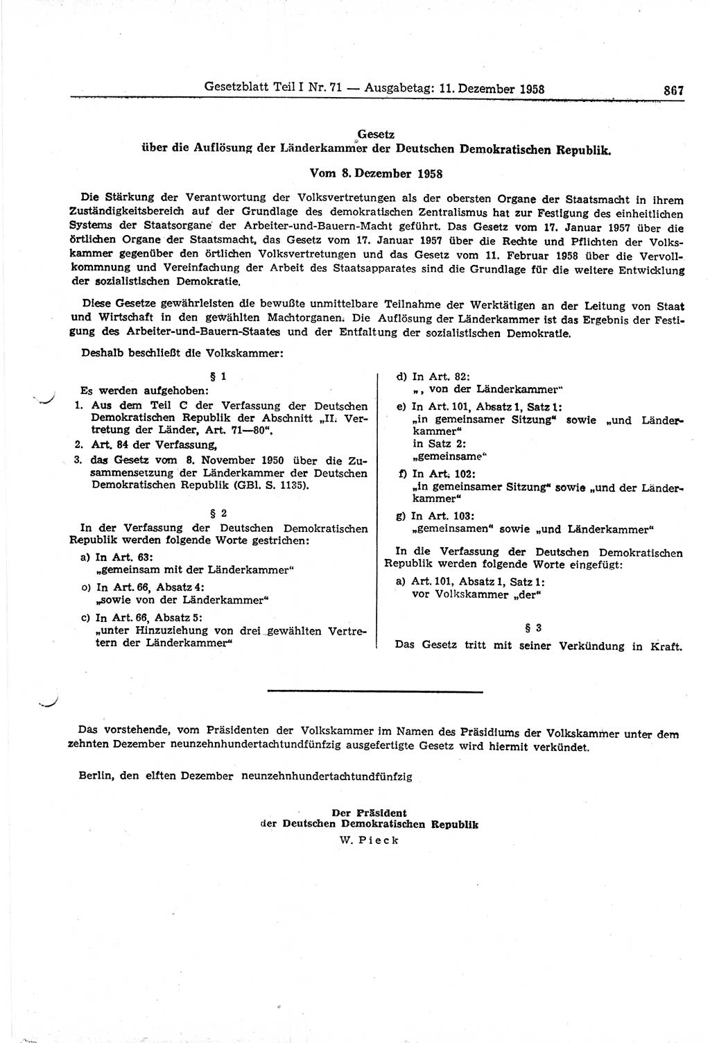 Gesetzblatt (GBl.) der Deutschen Demokratischen Republik (DDR) Teil Ⅰ 1958, Seite 867 (GBl. DDR Ⅰ 1958, S. 867)