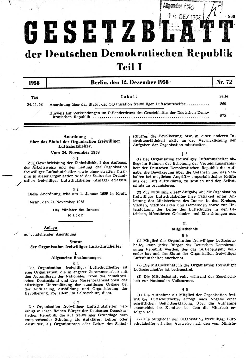 Gesetzblatt (GBl.) der Deutschen Demokratischen Republik (DDR) Teil Ⅰ 1958, Seite 869 (GBl. DDR Ⅰ 1958, S. 869)