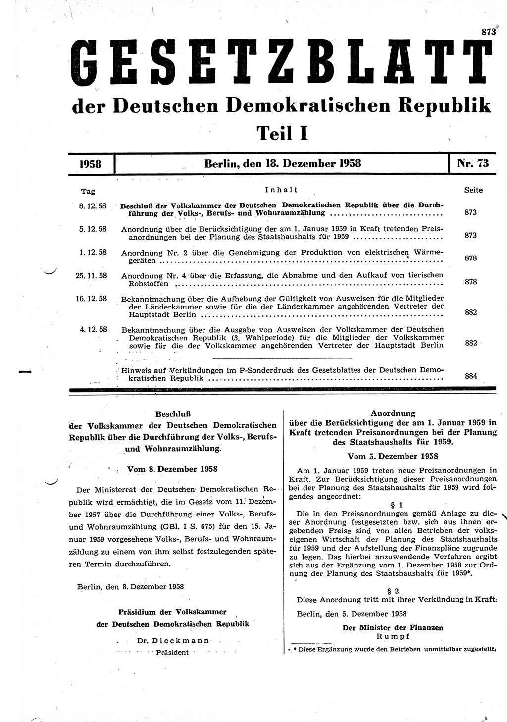 Gesetzblatt (GBl.) der Deutschen Demokratischen Republik (DDR) Teil Ⅰ 1958, Seite 873 (GBl. DDR Ⅰ 1958, S. 873)