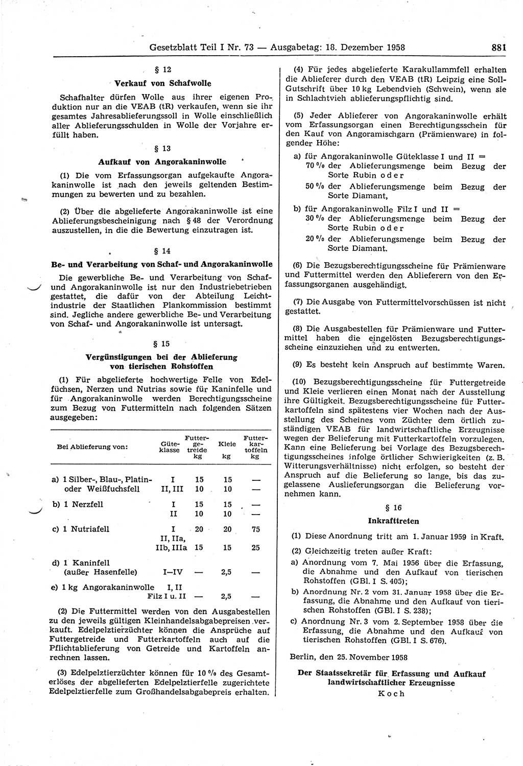 Gesetzblatt (GBl.) der Deutschen Demokratischen Republik (DDR) Teil Ⅰ 1958, Seite 881 (GBl. DDR Ⅰ 1958, S. 881)