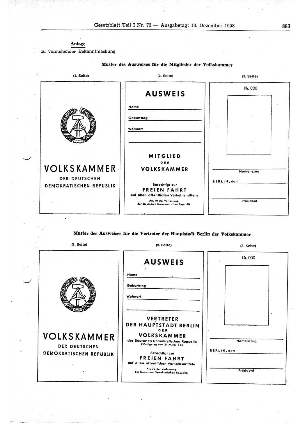 Gesetzblatt (GBl.) der Deutschen Demokratischen Republik (DDR) Teil Ⅰ 1958, Seite 883 (GBl. DDR Ⅰ 1958, S. 883)
