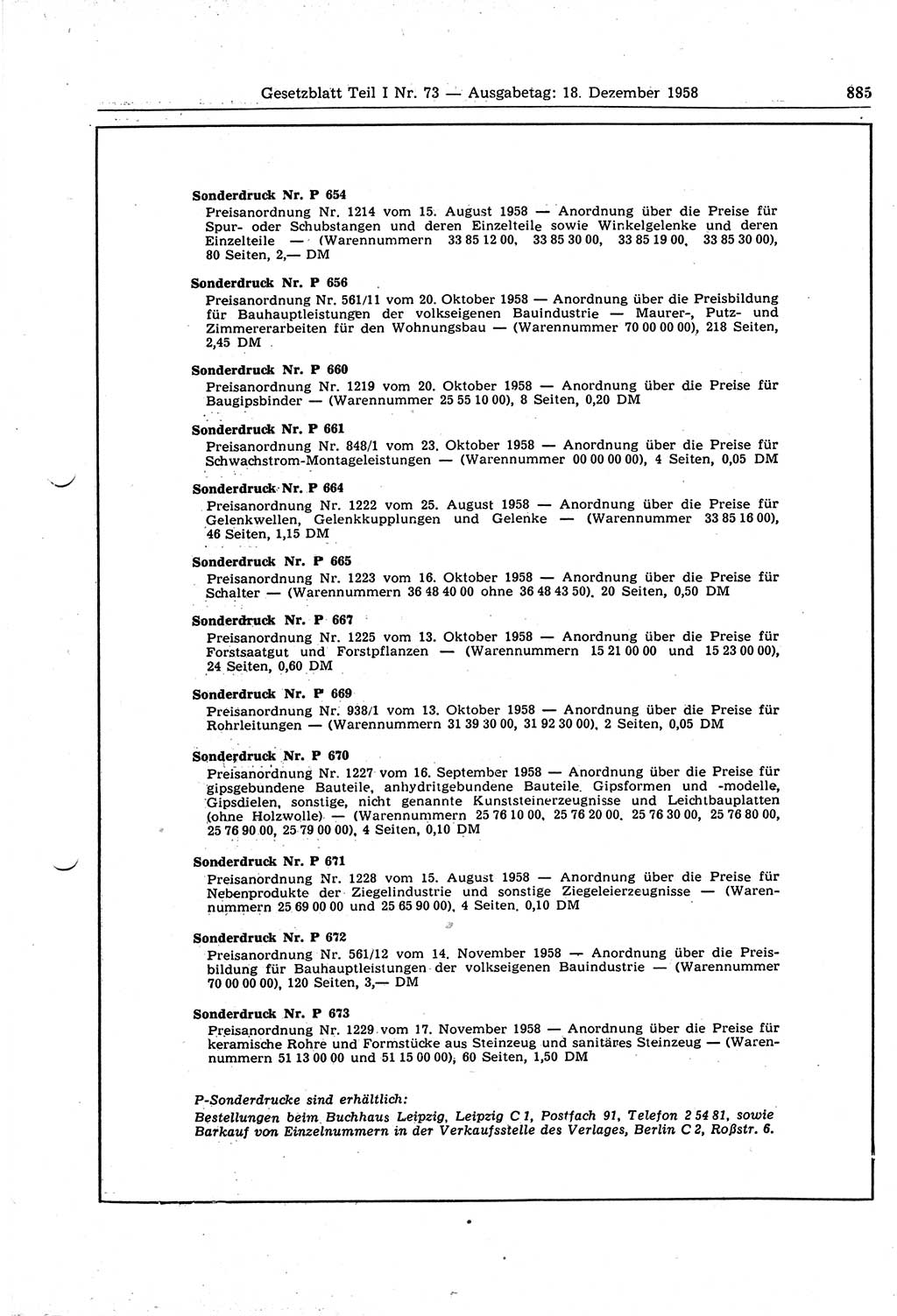 Gesetzblatt (GBl.) der Deutschen Demokratischen Republik (DDR) Teil Ⅰ 1958, Seite 885 (GBl. DDR Ⅰ 1958, S. 885)