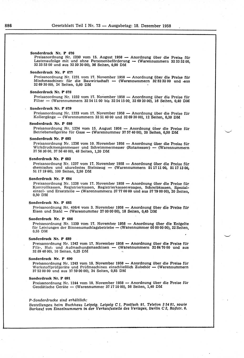 Gesetzblatt (GBl.) der Deutschen Demokratischen Republik (DDR) Teil Ⅰ 1958, Seite 886 (GBl. DDR Ⅰ 1958, S. 886)