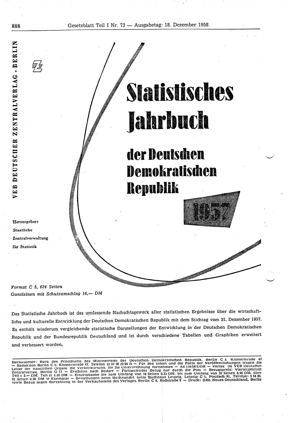 Gesetzblatt (GBl.) der Deutschen Demokratischen Republik (DDR) Teil Ⅰ 1958, Seite 888 (GBl. DDR Ⅰ 1958, S. 888)
