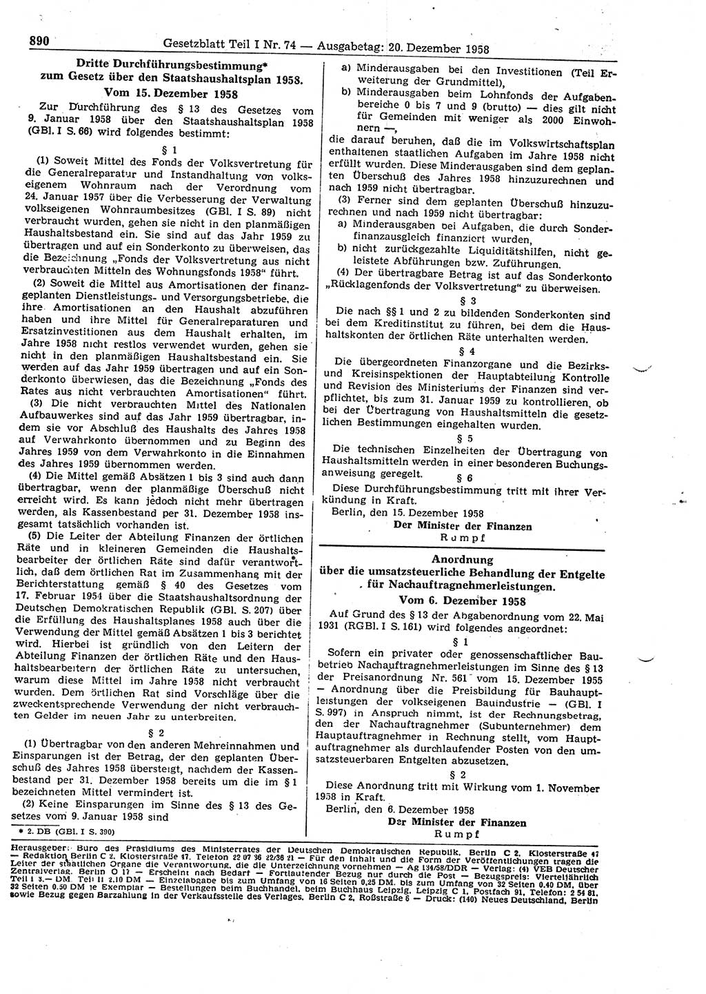 Gesetzblatt (GBl.) der Deutschen Demokratischen Republik (DDR) Teil Ⅰ 1958, Seite 890 (GBl. DDR Ⅰ 1958, S. 890)