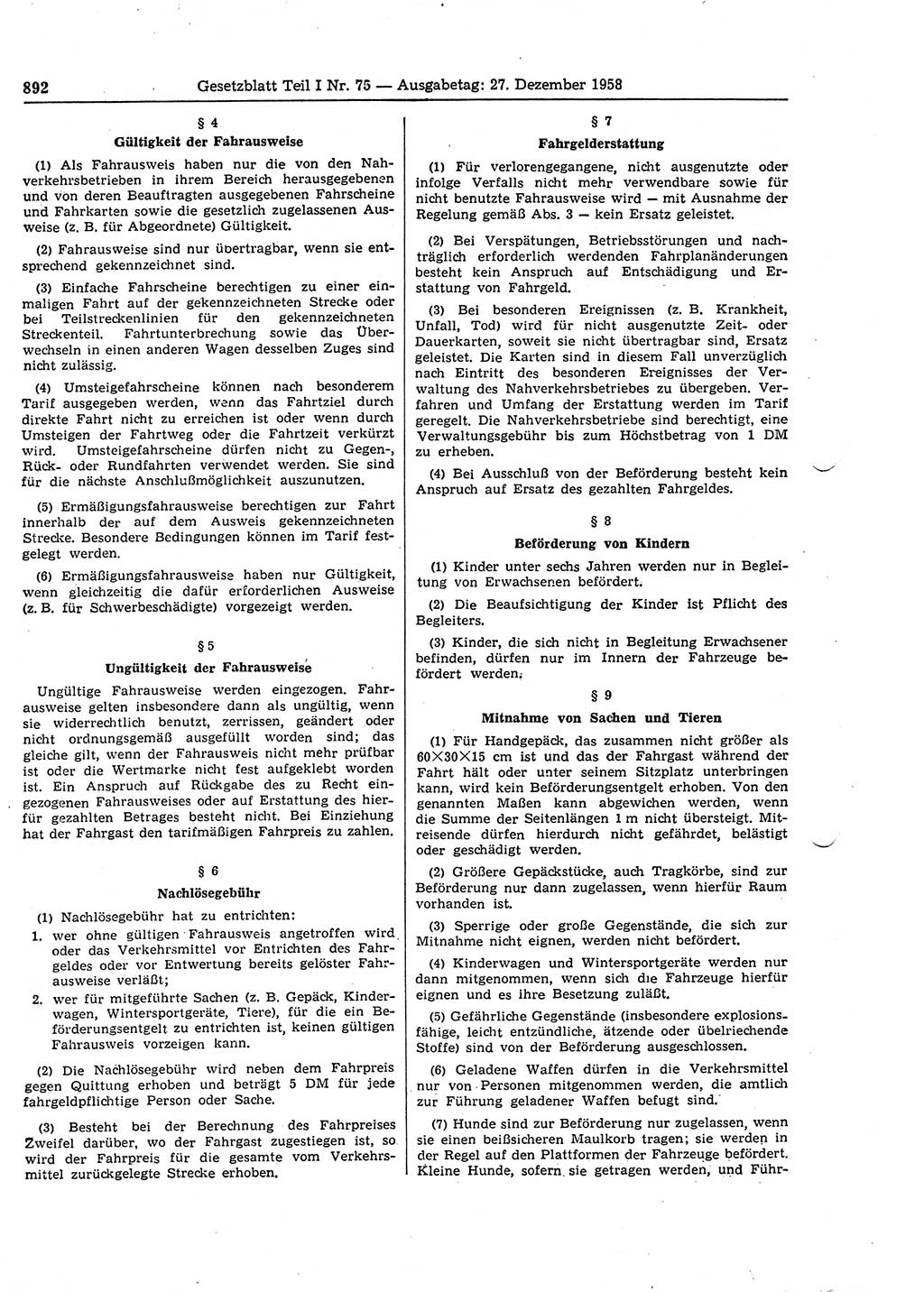 Gesetzblatt (GBl.) der Deutschen Demokratischen Republik (DDR) Teil Ⅰ 1958, Seite 892 (GBl. DDR Ⅰ 1958, S. 892)