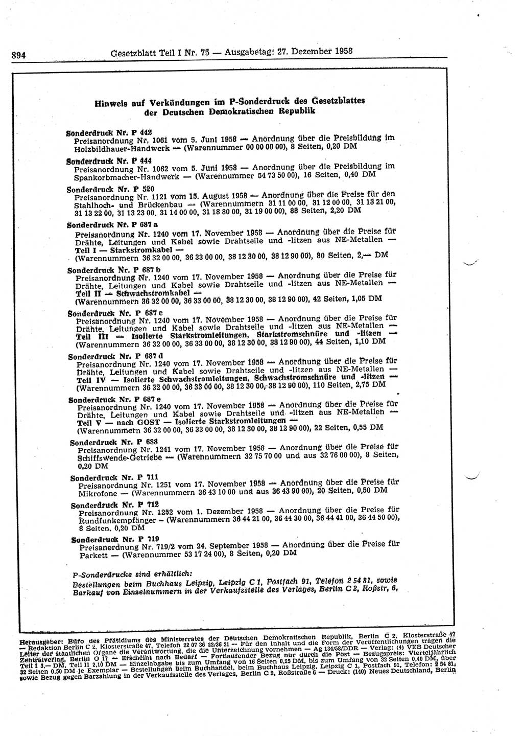 Gesetzblatt (GBl.) der Deutschen Demokratischen Republik (DDR) Teil Ⅰ 1958, Seite 894 (GBl. DDR Ⅰ 1958, S. 894)
