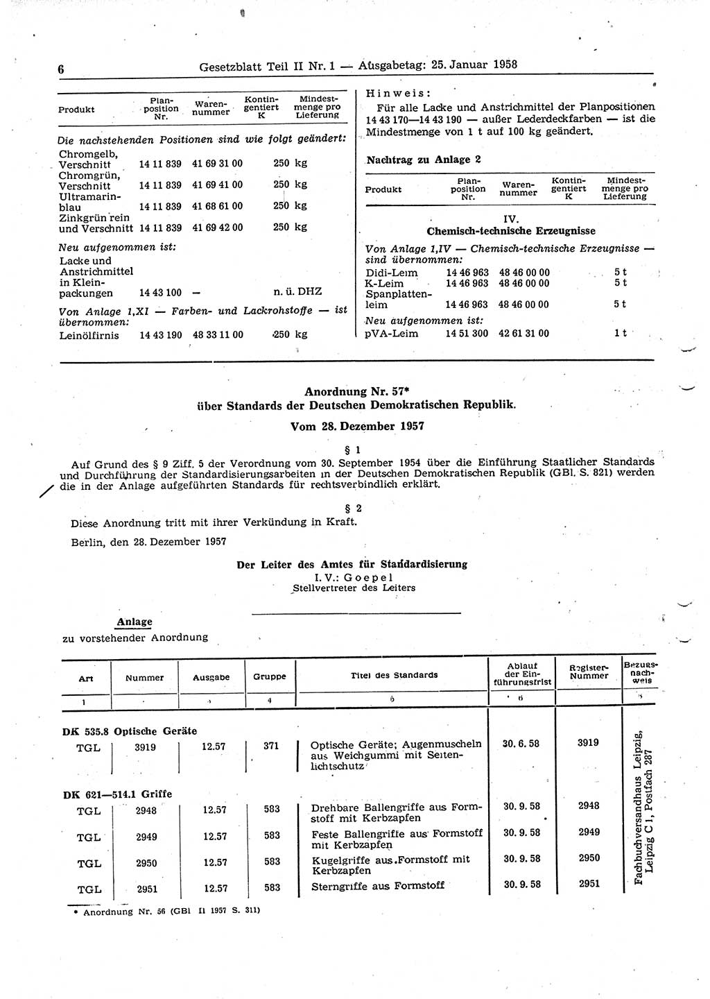 Gesetzblatt (GBl.) der Deutschen Demokratischen Republik (DDR) Teil ⅠⅠ 1958, Seite 6 (GBl. DDR ⅠⅠ 1958, S. 6)
