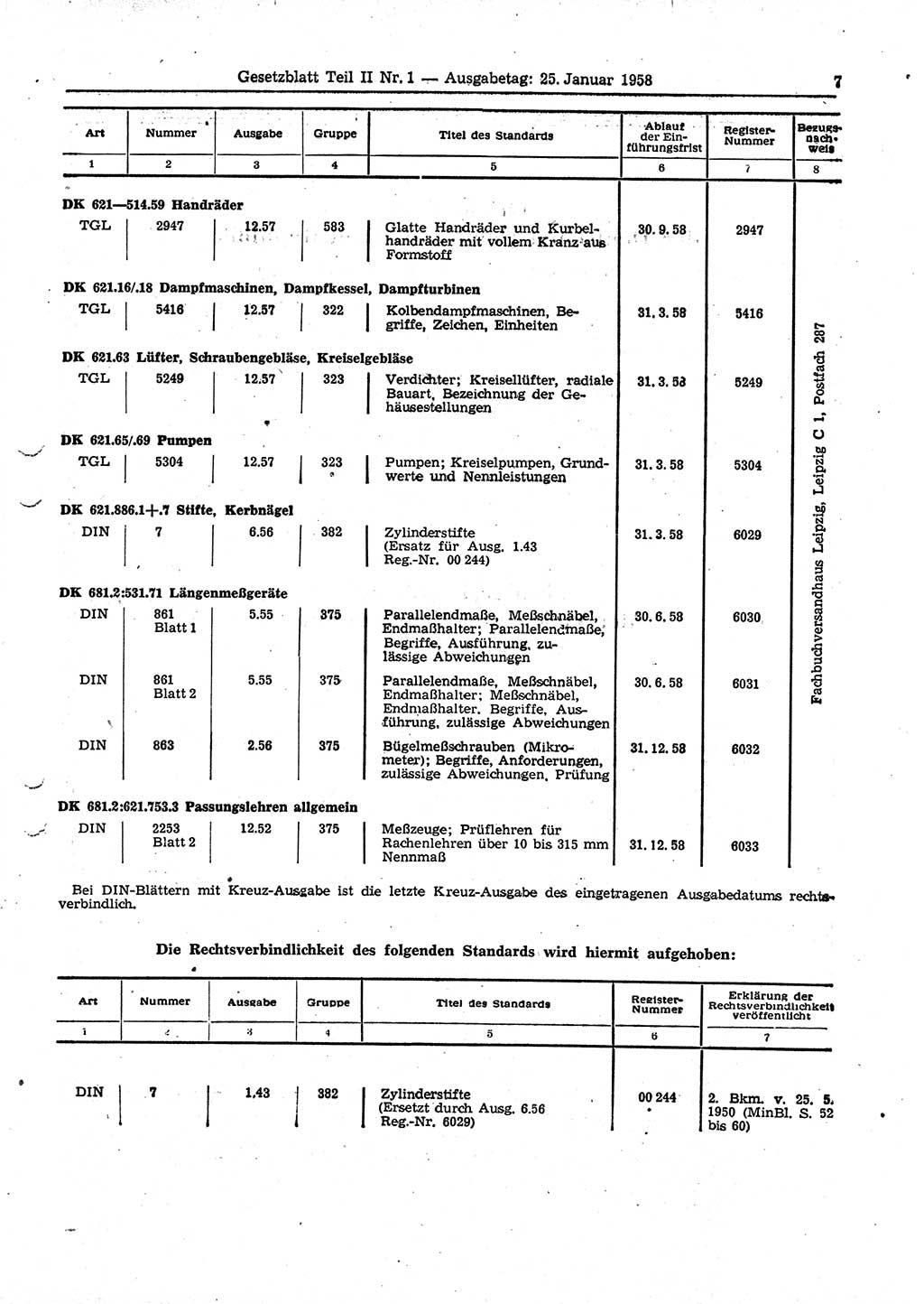 Gesetzblatt (GBl.) der Deutschen Demokratischen Republik (DDR) Teil ⅠⅠ 1958, Seite 7 (GBl. DDR ⅠⅠ 1958, S. 7)
