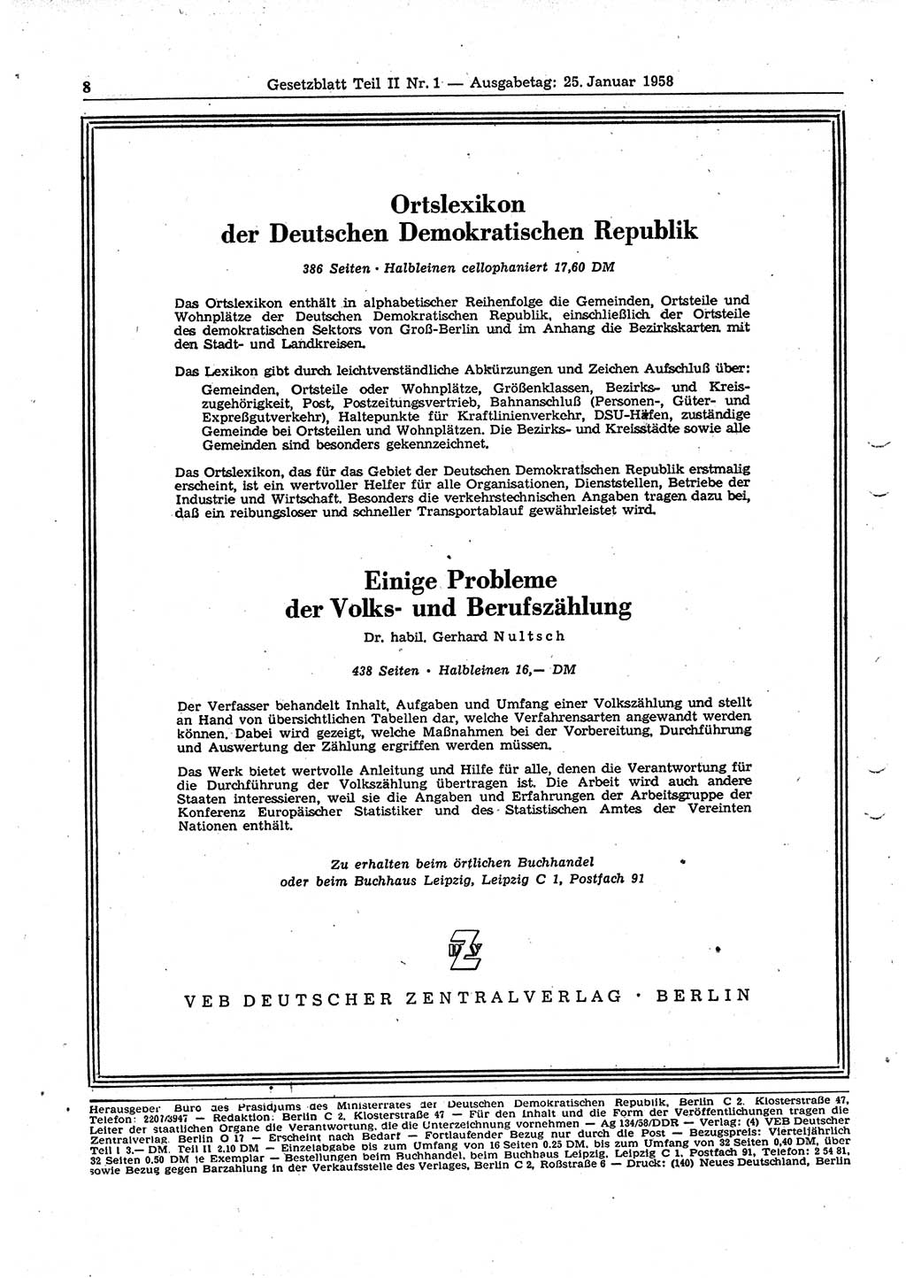 Gesetzblatt (GBl.) der Deutschen Demokratischen Republik (DDR) Teil ⅠⅠ 1958, Seite 8 (GBl. DDR ⅠⅠ 1958, S. 8)