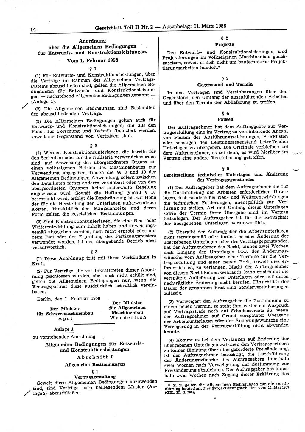 Gesetzblatt (GBl.) der Deutschen Demokratischen Republik (DDR) Teil ⅠⅠ 1958, Seite 14 (GBl. DDR ⅠⅠ 1958, S. 14)