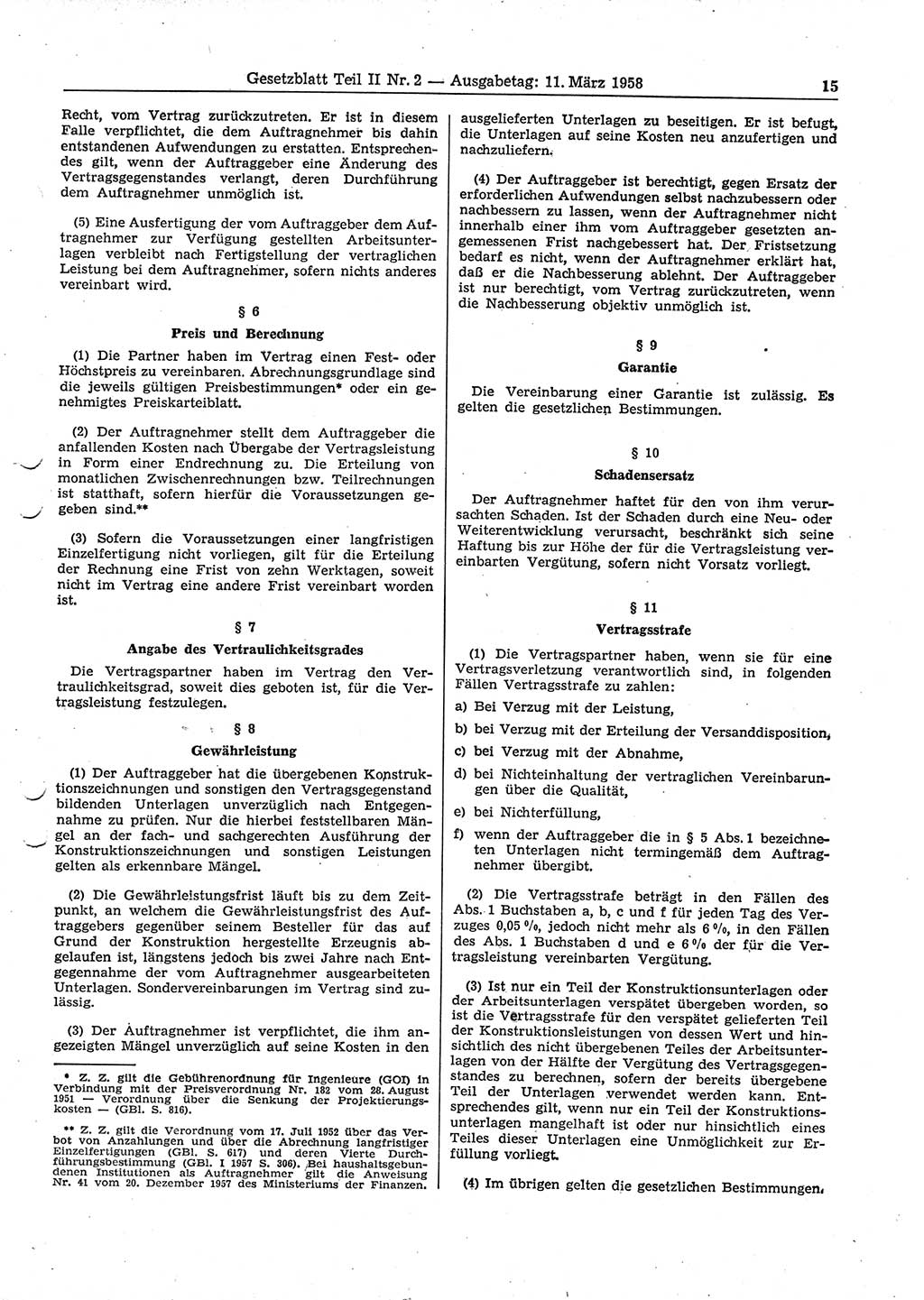 Gesetzblatt (GBl.) der Deutschen Demokratischen Republik (DDR) Teil ⅠⅠ 1958, Seite 15 (GBl. DDR ⅠⅠ 1958, S. 15)