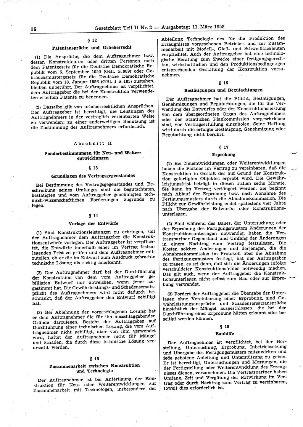 Gesetzblatt (GBl.) der Deutschen Demokratischen Republik (DDR) Teil ⅠⅠ 1958, Seite 16 (GBl. DDR ⅠⅠ 1958, S. 16)