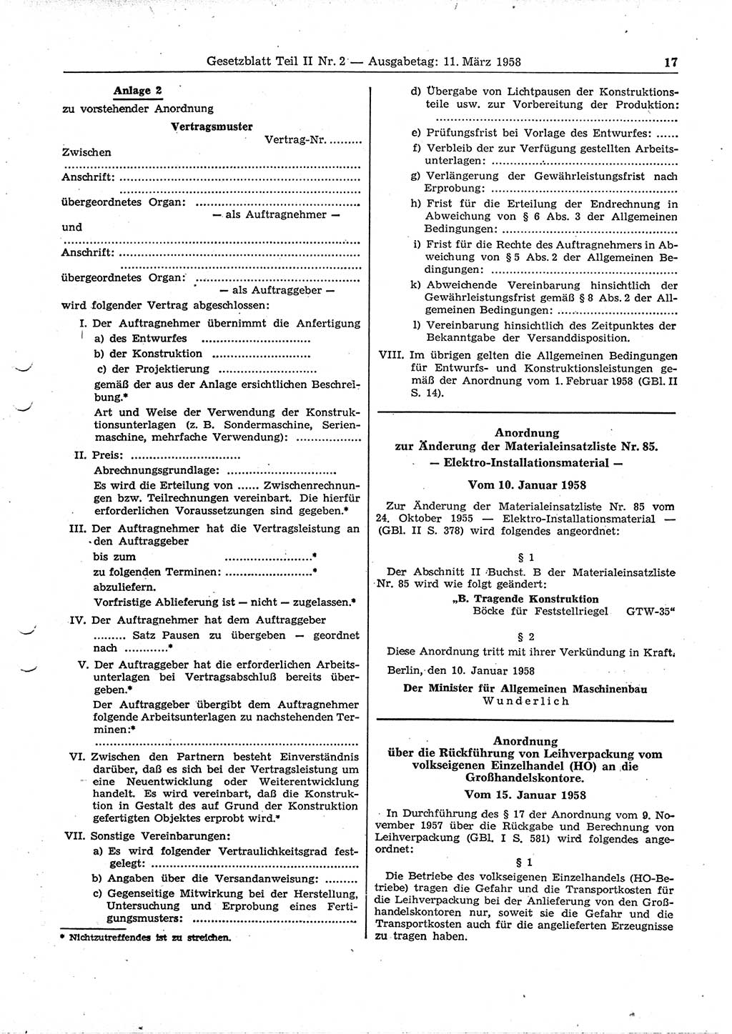 Gesetzblatt (GBl.) der Deutschen Demokratischen Republik (DDR) Teil ⅠⅠ 1958, Seite 17 (GBl. DDR ⅠⅠ 1958, S. 17)
